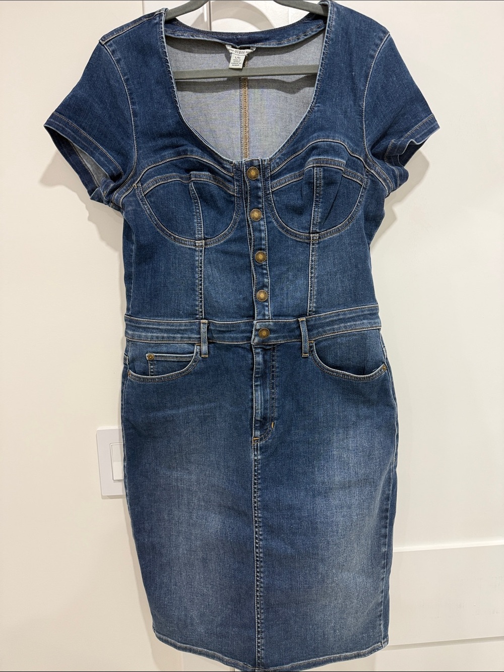 Like new guess bustier Denim Button-Front Short Sleeve Dress Blue stretch denim
